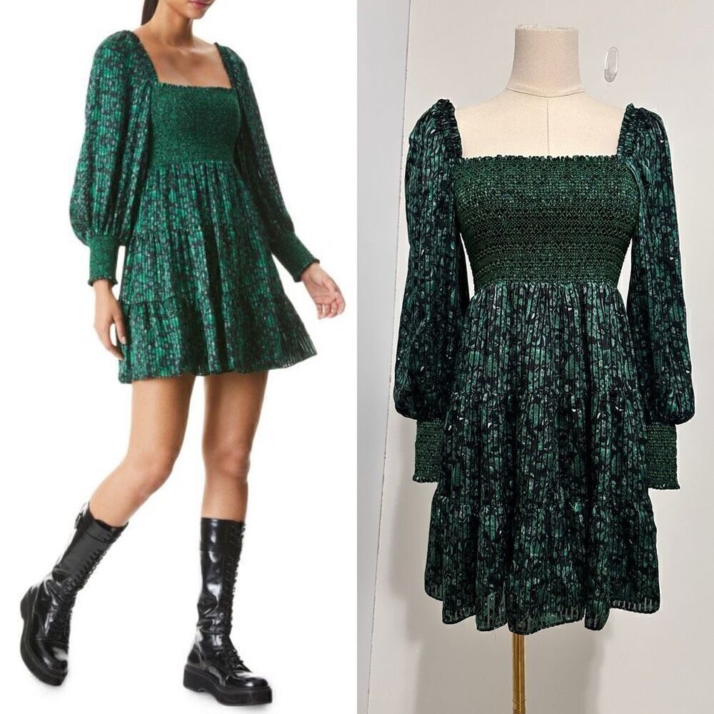 Alice + Olivia Rowen Floral Puff-Sleeve Smocked Dress S Cottage Fairy Coquette